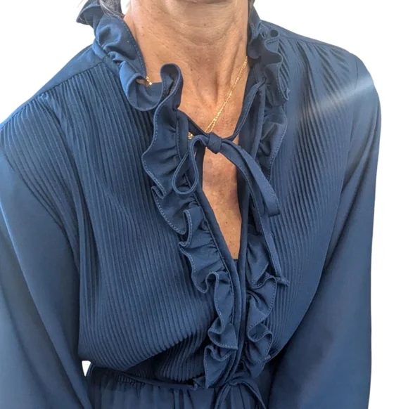 Vintage Women's Sheer Navy V-Neck Ruffle Retro 80s Fashion Blouson Dress Size M - Picture 4 of 7